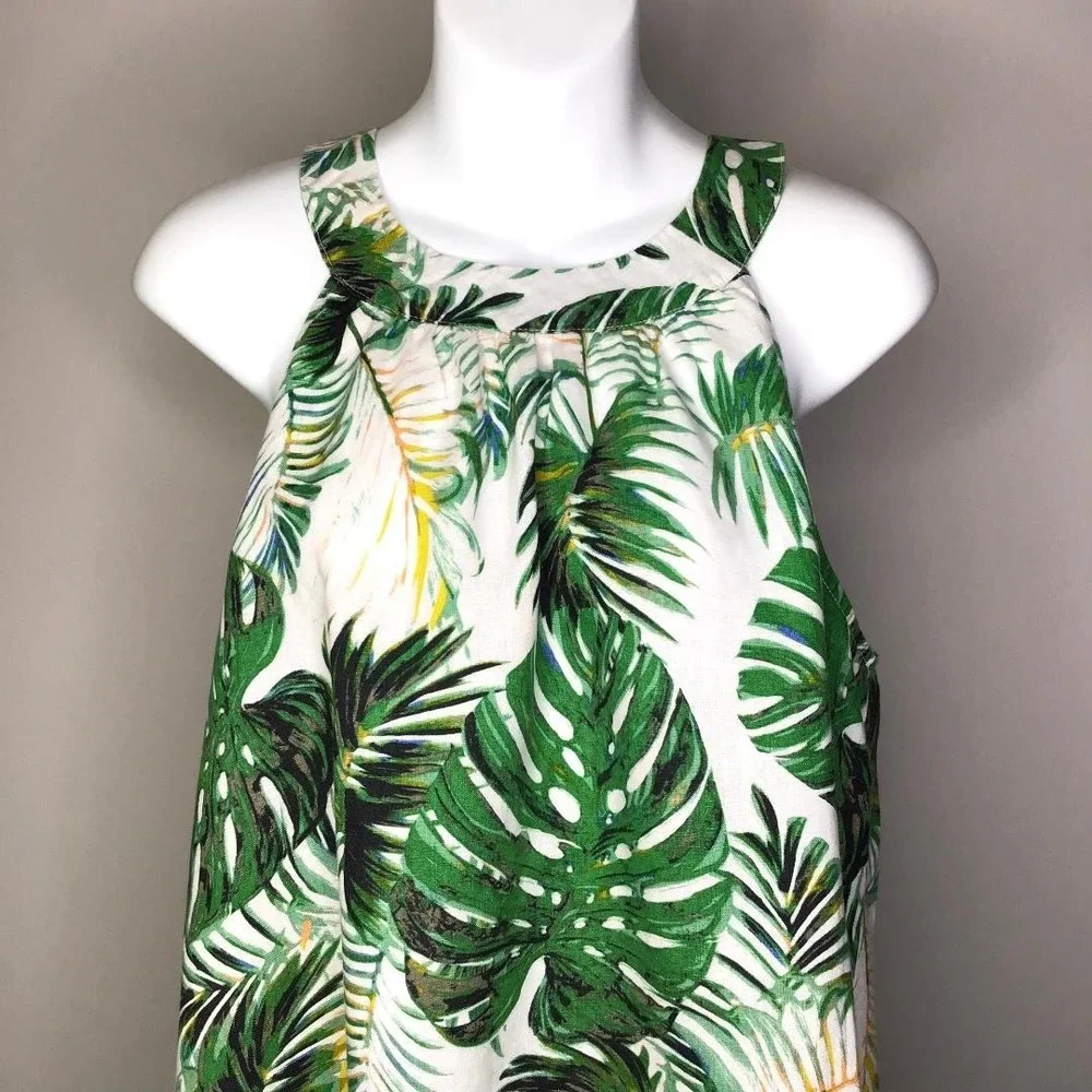 Tahari Womens Green Tropical Palm Leaf 100 Linen Shift Dress Sz Med Beach Resort
